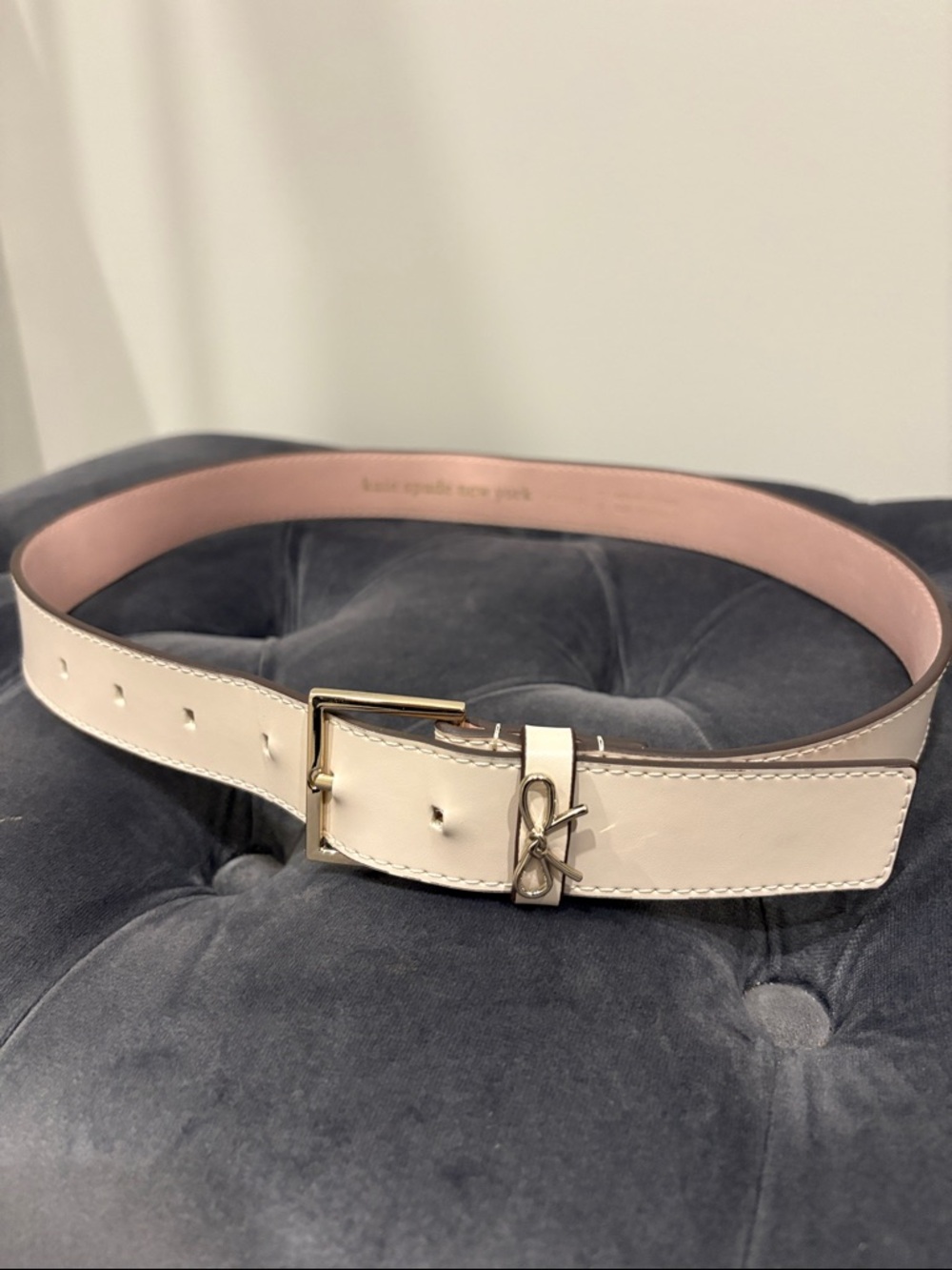 kate spade Cream Leather Belt with Gold Signature Bow Buckle